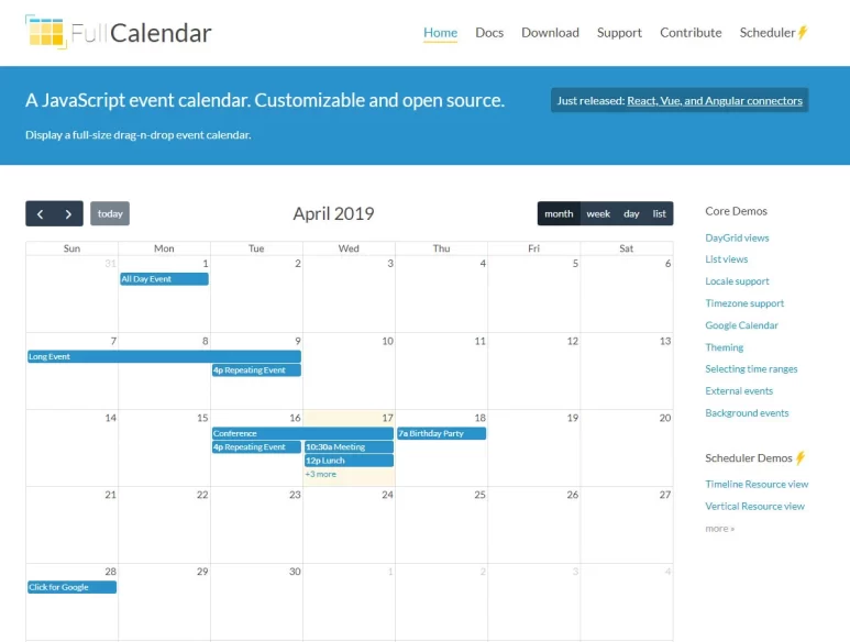 Full Calendar – A JavaScript event calendar. Customisable and open source.